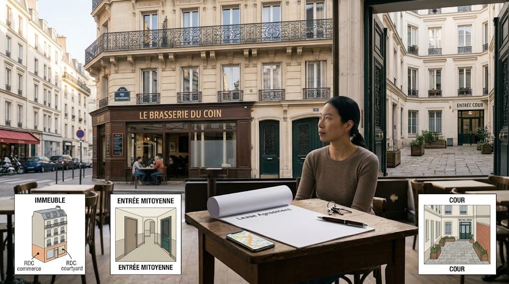 Une brasserie installée au rez-de-chaussée d'un immeuble d'habitation, avec la cour intérieure et l'entrée mitoyenne de la copropriété.