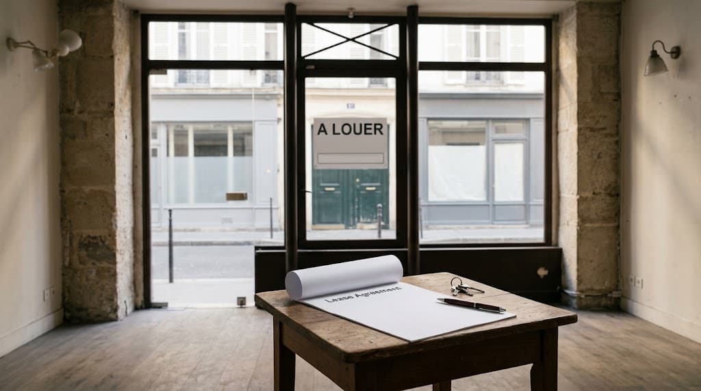 Un local commercial vide, un bail et un trousseau de clés posés sur une table, face à une devanture « À louer » de l'autre côté de la rue.