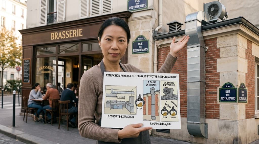 Une restauratrice devant sa brasserie montre le trajet de l'extraction : le conduit depuis la cuisine, la gaine métallique le long de la façade, la sortie en toiture.